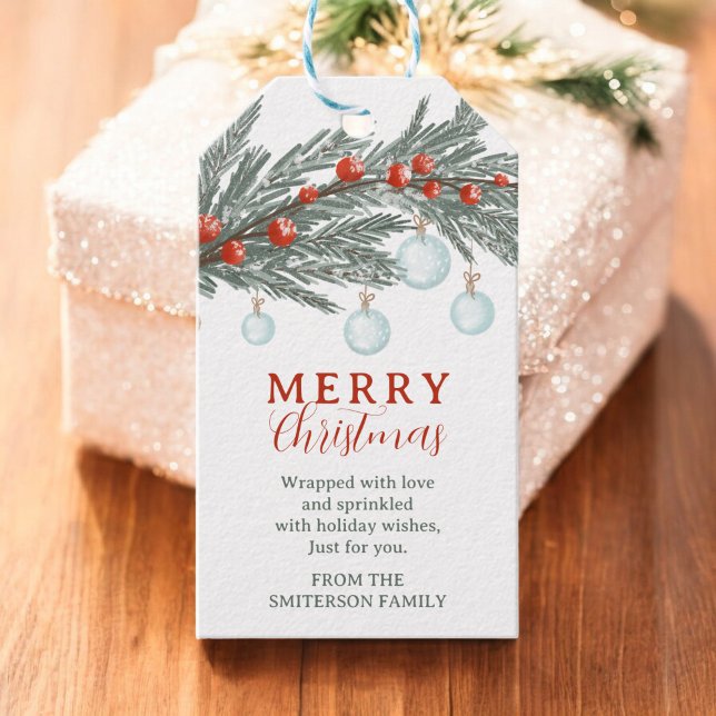 Etiqueta Para Presente Rústico Evergreen Branch Red Berry Feliz Natal (Rustic Evergreen Branch Red Berry Merry Christmas Gift Tags)