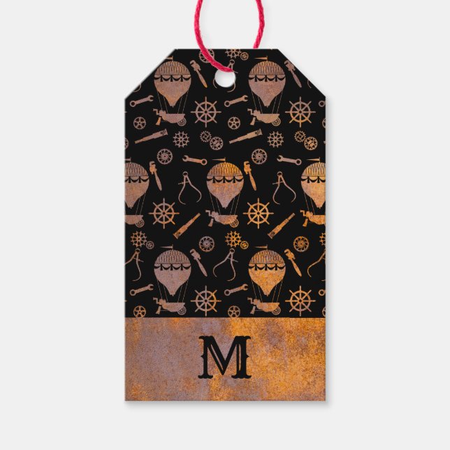 Etiqueta Para Presente Rusty Steampunk Balloons Monograma (Frente)