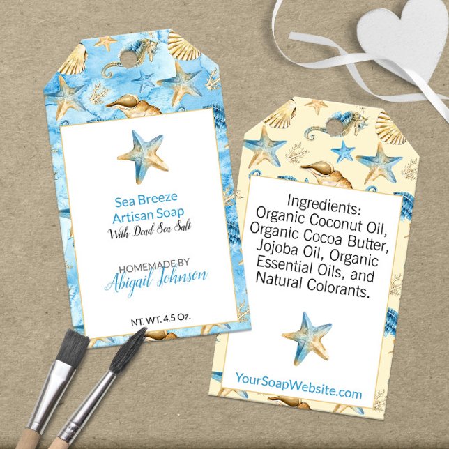 Etiqueta Para Presente Sabonete Tema Praia 🌊 Conchas de Aquarela & Estre (Watercolor Shells & Starfish 🌊 Beach Theme Soap Gift Tags
)