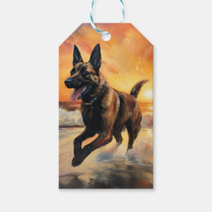 Etiqueta Para Presente Sandy Paws Cachorro Malinois Belga em Beach Sunset