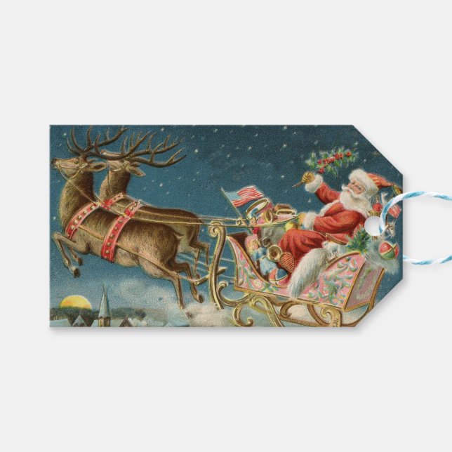 Etiqueta Para Presente Santa Claus Christmas Antique Sleigh Reindeer (Frente (horizontal))