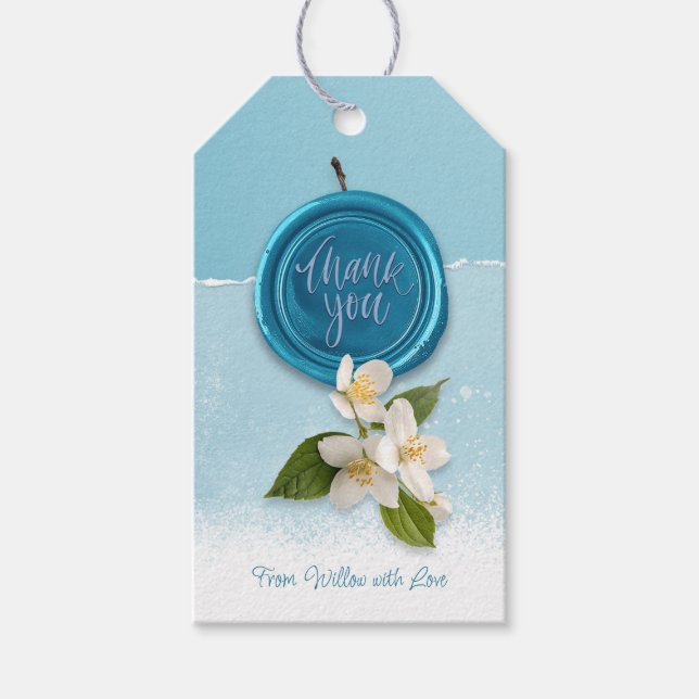 Etiqueta Para Presente Selo Azul com Flores Brancas Obrigado (Frente)