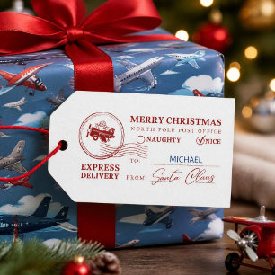 Etiqueta Para Presente Selo Postal Personalizado do Papai Noel Voando Avi