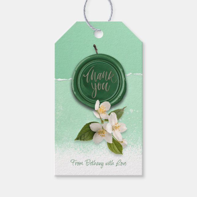 Etiqueta Para Presente Selo Verde com Flores Brancas Obrigado (Frente)