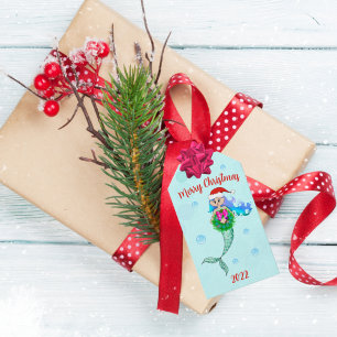 Etiqueta Para Presente Sereia Colorida Segurando Coroa de Natal