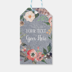 Etiqueta Para Presente Seu texto Vintage Floral Wreath Silver Gliter