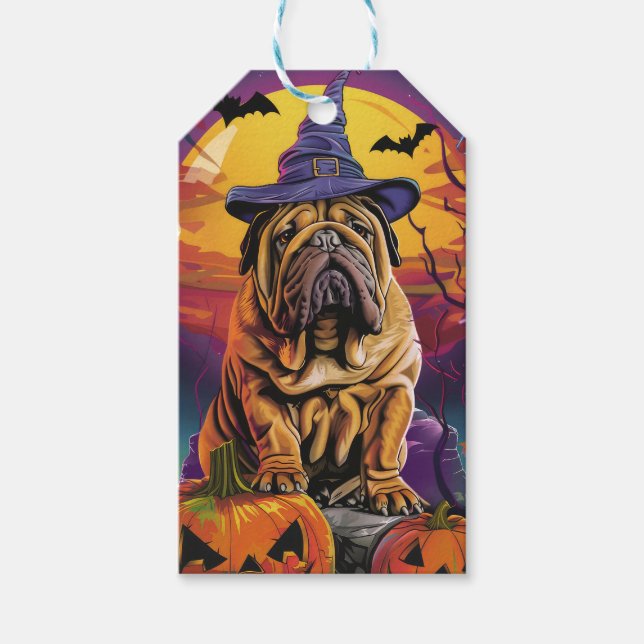 Etiqueta Para Presente Shar Pei Dog Halloween Bruxelles E Pumpkin (Frente)