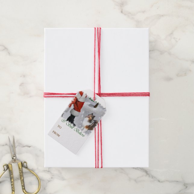 Etiqueta Para Presente Shetland Sheepdog Acredita no Natal (Com cordão)