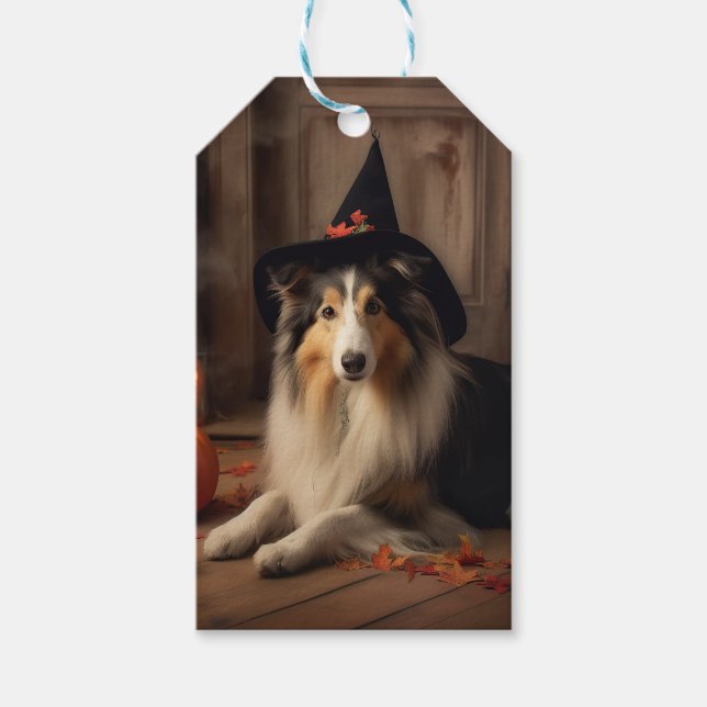 Etiqueta Para Presente Shetland Sheepdog Pumpkins Halloween Assustado (Frente)