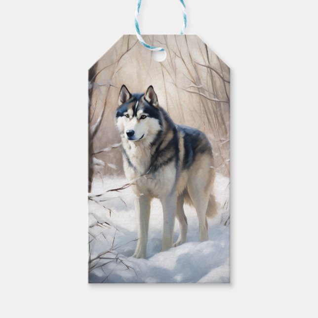 Etiqueta Para Presente Siberian Husky Deixe-o nevar no Natal (Frente)