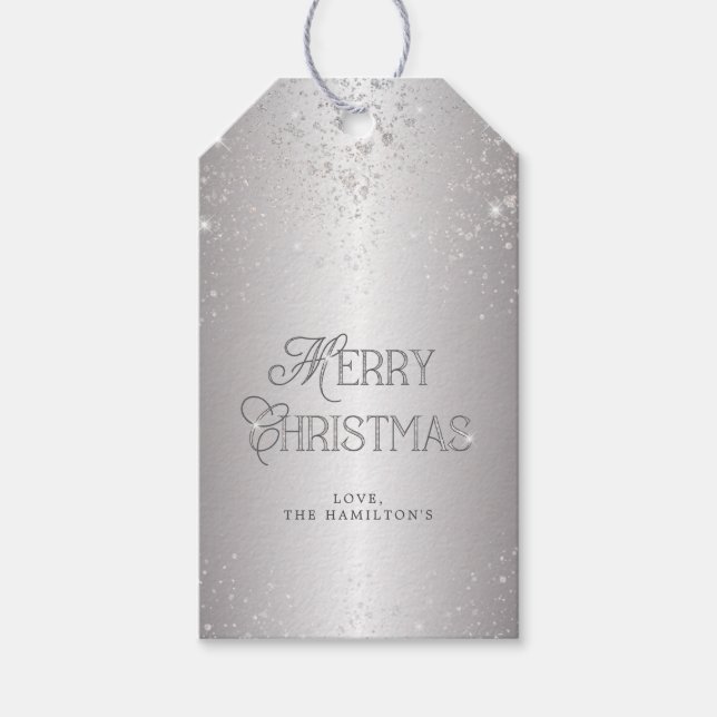Etiqueta Para Presente Silver Metálico Elegante Glitter Feliz Natal (Frente)