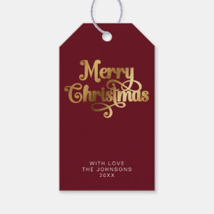 Etiqueta Para Presente Simples Elegante Retro Vermelho e Dourado Feliz Na