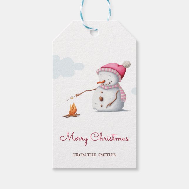 Etiqueta Para Presente Simples Snowman Rosa Feliz Natal (Frente)