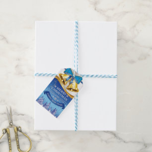 Etiqueta Para Presente Sinos de Natal Dourados Lindos com Laço Azul