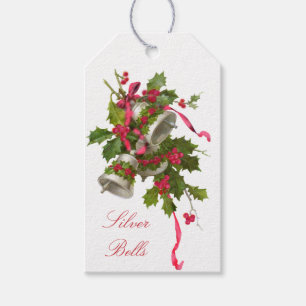 Etiqueta Para Presente Sinos de Prata Vintage com Berries Rosa Holly