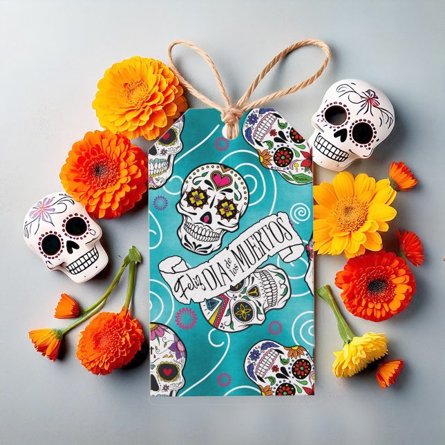 Etiqueta Para Presente Skulls and Swirls Turquoise ID725 (Criador carregado)