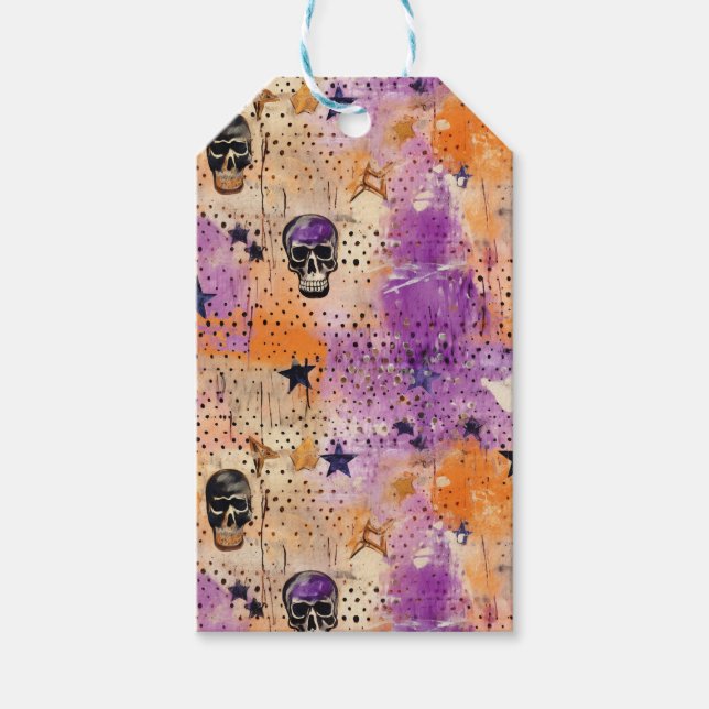 Etiqueta Para Presente Skulls Dots Stars Boho Abstrato Patterno Halloween (Frente)