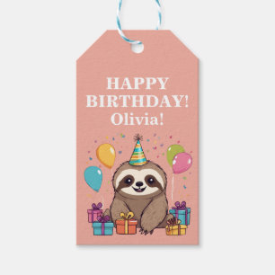 Etiqueta Para Presente Sloth Girl Happy Birthday Pink Personalizado