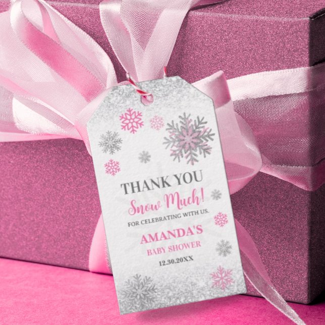 Etiqueta Para Presente Snowflake Pink & Silver Baby Shower Thank You  (Criador carregado)