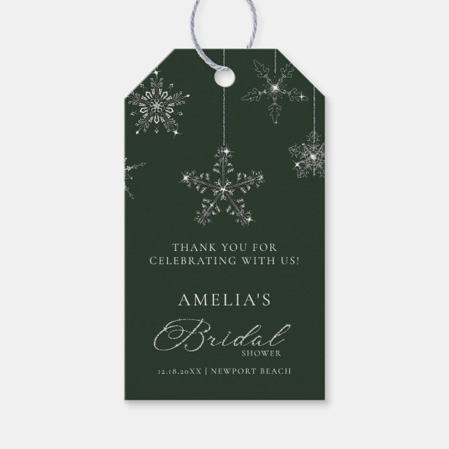 Etiqueta Para Presente Snowflakes Glitter Green Winter Bridal Shower  (Frente)