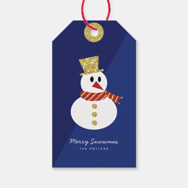 Etiqueta Para Presente Snowman | Azul e Dourado de Natal divertido (Frente)