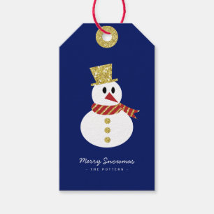 Etiqueta Para Presente Snowman   Azul e Dourado de Natal divertido