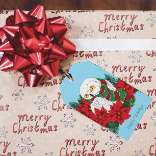 Etiqueta Para Presente Snowy Owl Red Poinsettias Natal