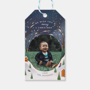 Etiqueta Para Presente Snowy Village Winter Scene Photo de Natal