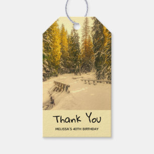 Etiqueta Para Presente Snowy Winter Path com Pine Trees Obrigado