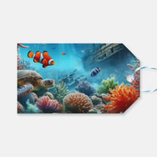 Etiqueta Para Presente Sob o mar, tartaruga, coral, navio, palhaço