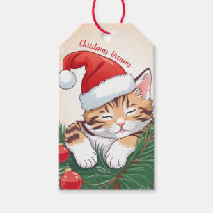 Etiqueta Para Presente Sonhos de Natal - Gatinho Dormindo em Santa Hat