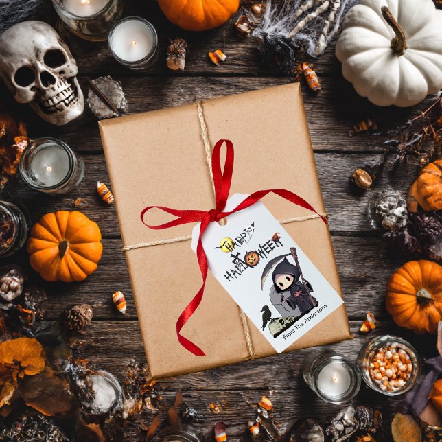 Etiqueta Para Presente Spooky Grim Reaper Graveyard Crow Gothic Halloween (Criador carregado)