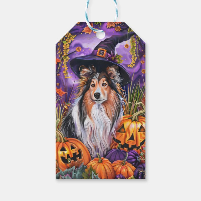 Etiqueta Para Presente Spooky Shetland Sheepdog Halloween Pumpkin (Frente)