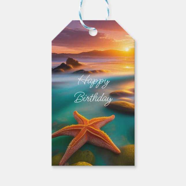 Etiqueta Para Presente Starfish na praia no Dawn (Frente)