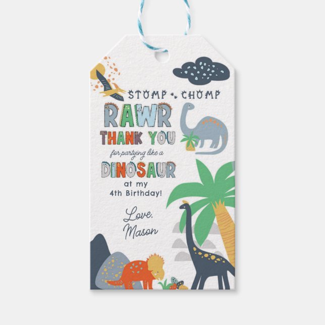 Etiqueta Para Presente Stomp Chomp Rawr Dinosaur Aniversário Obrigado (Frente)