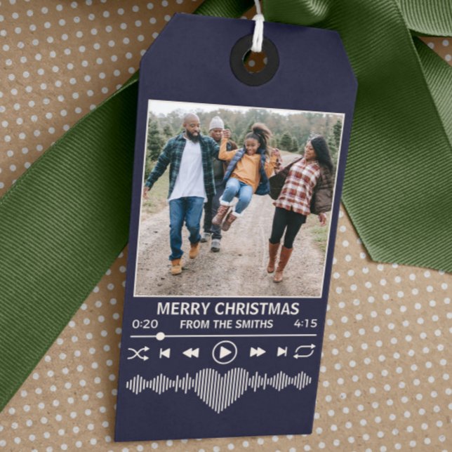Etiqueta Para Presente Streaming Music Blue Player Foto Natal (holiday gift tag streaming music themed blue with space for family photo as the album photo)