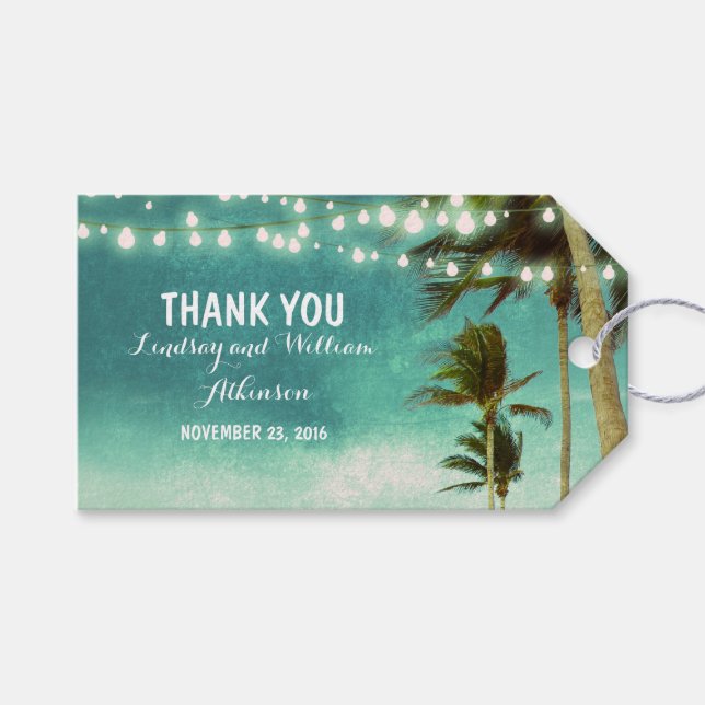 Etiqueta Para Presente String Lights Beach Palms Ombre Teal Weding (Frente (horizontal))