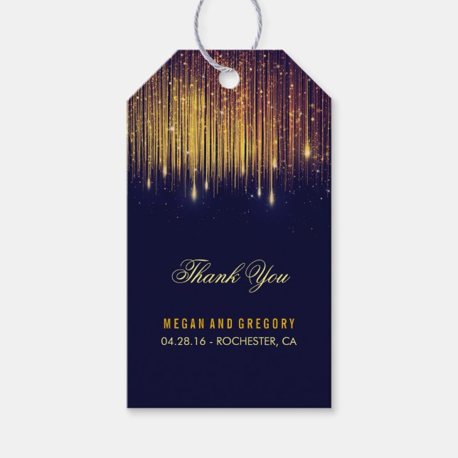 Etiqueta Para Presente String Lights Dourada e Marinho Weding Obrigado (Frente)