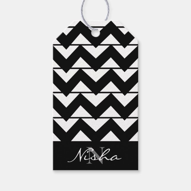 Etiqueta Para Presente Stripe de Chevron Preto e Branco Personalizada (Frente)