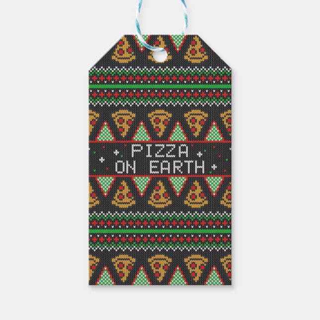 Etiqueta Para Presente Suéter de Natal Feio de Pizza (Frente)