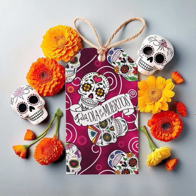 Etiqueta Para Presente Sugar Skulls and Swirls Rosa Red ID725 (Criador carregado)