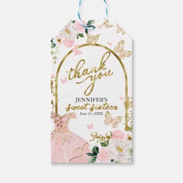 Etiqueta Para Presente Sweet 16 Blush Floral Butterfly Obrigado (Frente)