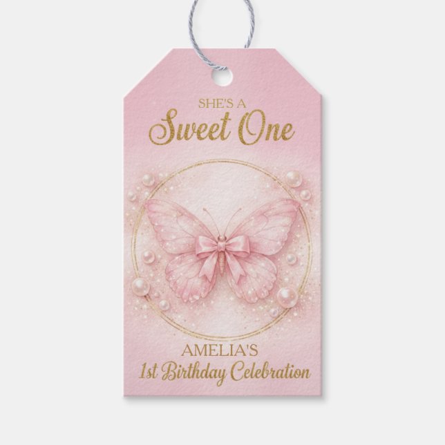 Etiqueta Para Presente Sweet One Pink Butterfly 1st Birthday Girl  (Frente)