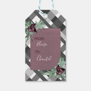 Etiqueta Para Presente Tartan Cinza Floral Roxo Natal Feriado