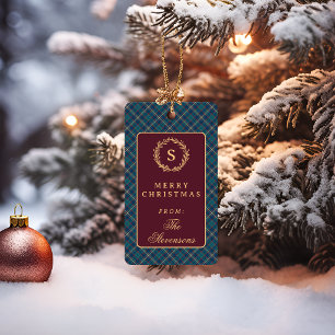 Etiqueta Para Presente Tartan Plaid Monograma Clássico Natal Burgundy