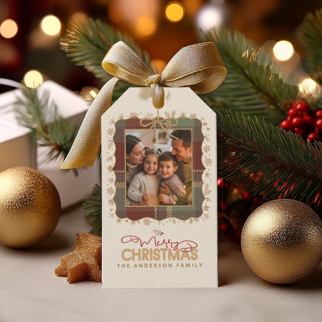 Etiqueta Para Presente Tartan Trim Christmas One Photo Template ID1141A (Criador carregado)