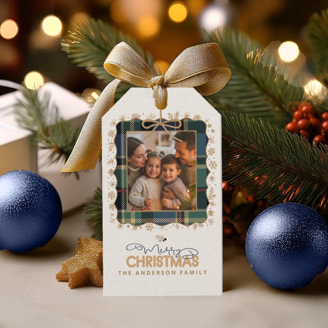 Etiqueta Para Presente Tartan Trim Christmas One Photo Template ID1141B (Criador carregado)