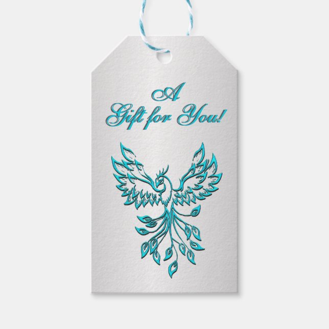 Etiqueta Para Presente Teal Blue Phoenix com texto em prata (Frente)