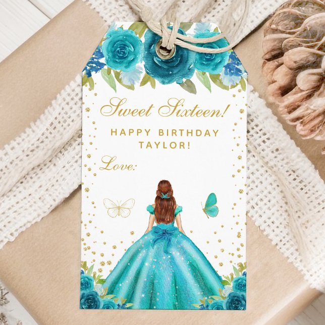 Etiqueta Para Presente Teal Floral Brown Hair Princess Sweet (Criador carregado)