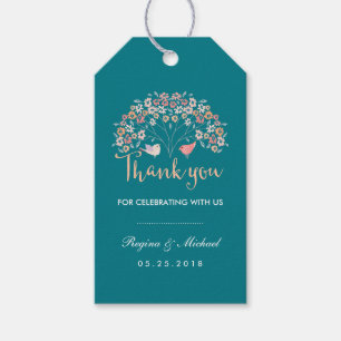 Etiqueta Para Presente Teal Love Birds Floral Script Obrigado Tag Dif